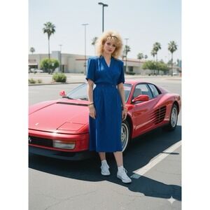 Perspective Vtg Blue Silk‎ Cinched Waist Button Down Dress Sz 9 1980s 80s Retro